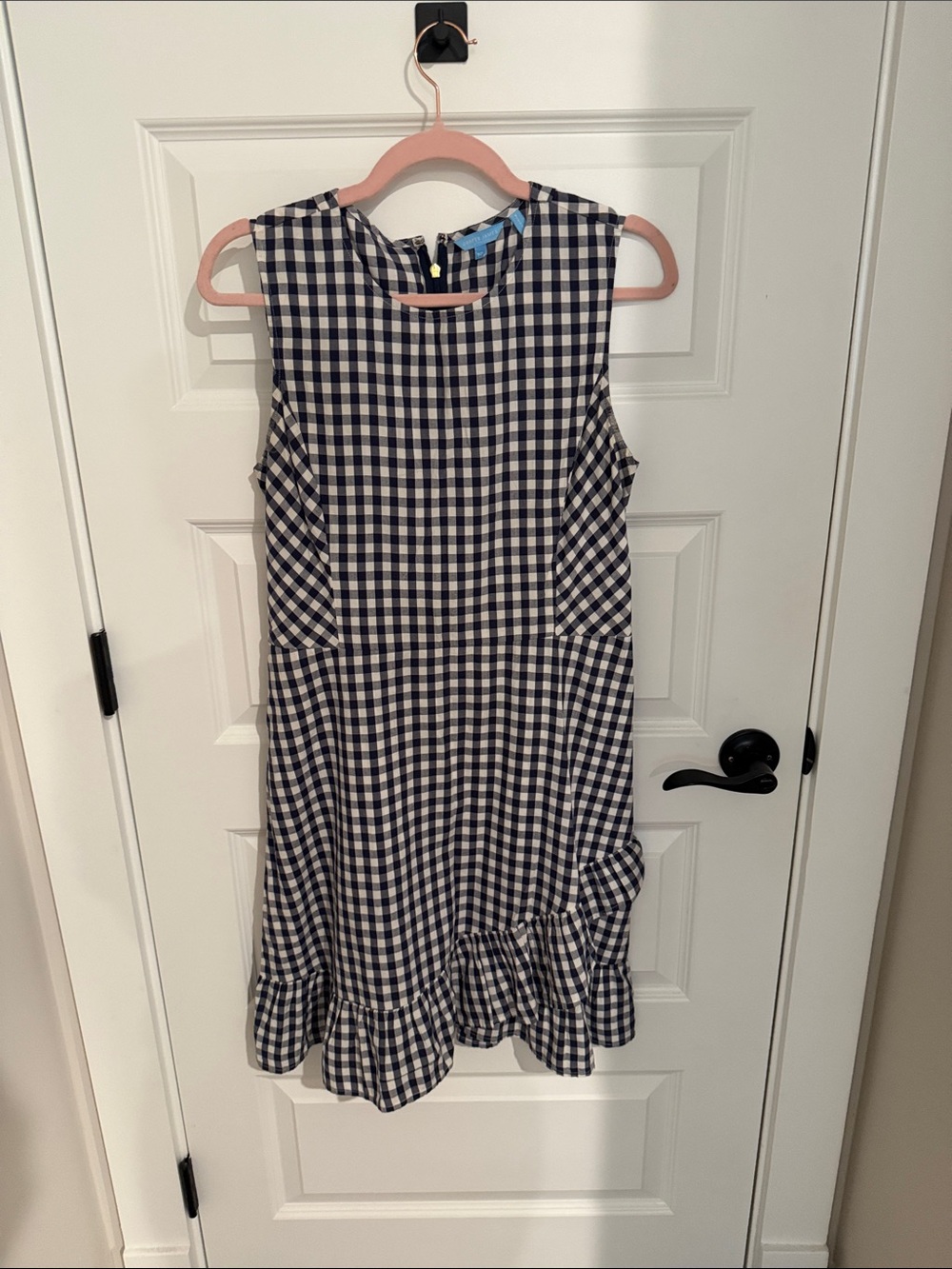Draper James Navy and White Gingham Ruffle-Hem Sleeveless Dress